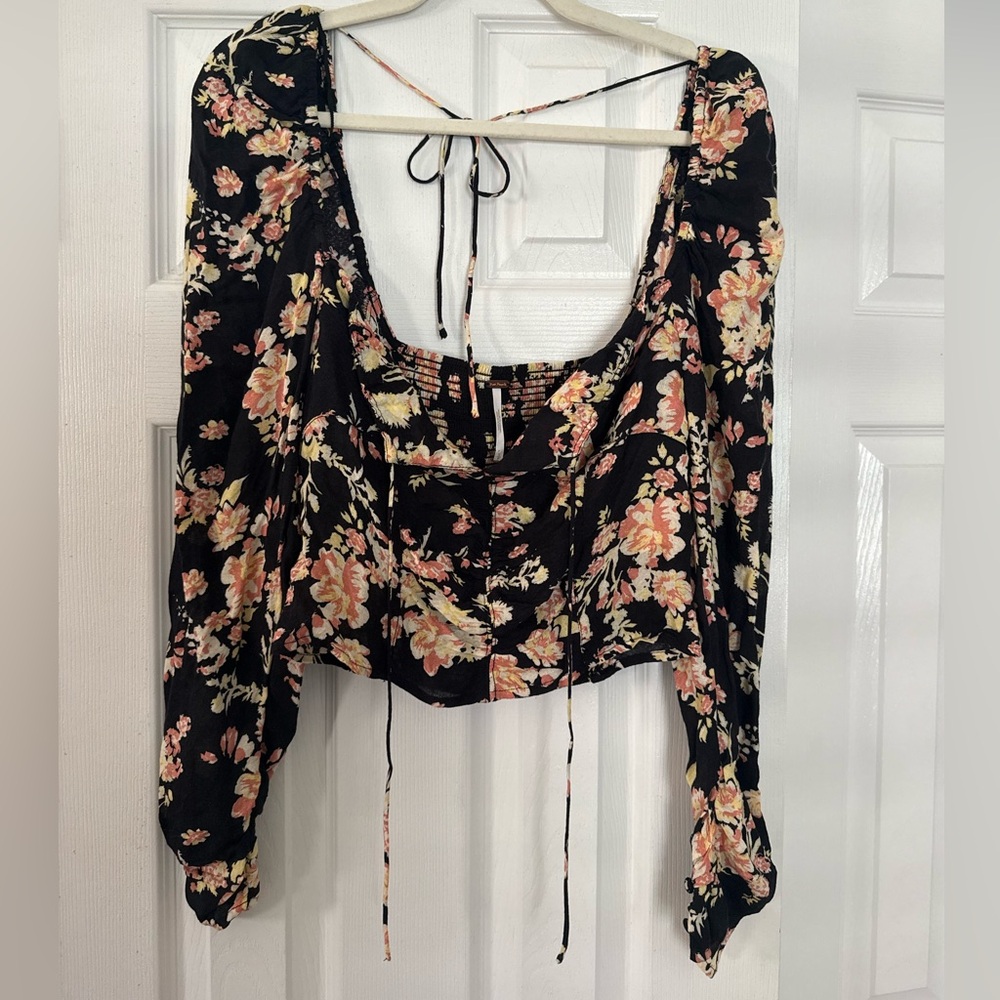 Free People Black Floral Square-Neck Long Sleeve Crop Top